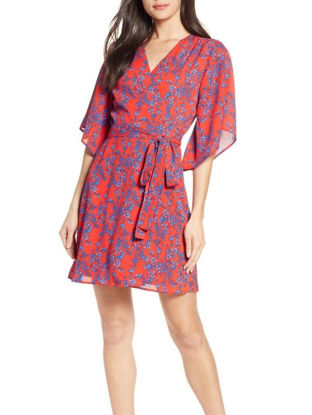 Charles Henry Red Floral Wrap Tie Dress with Blue Print